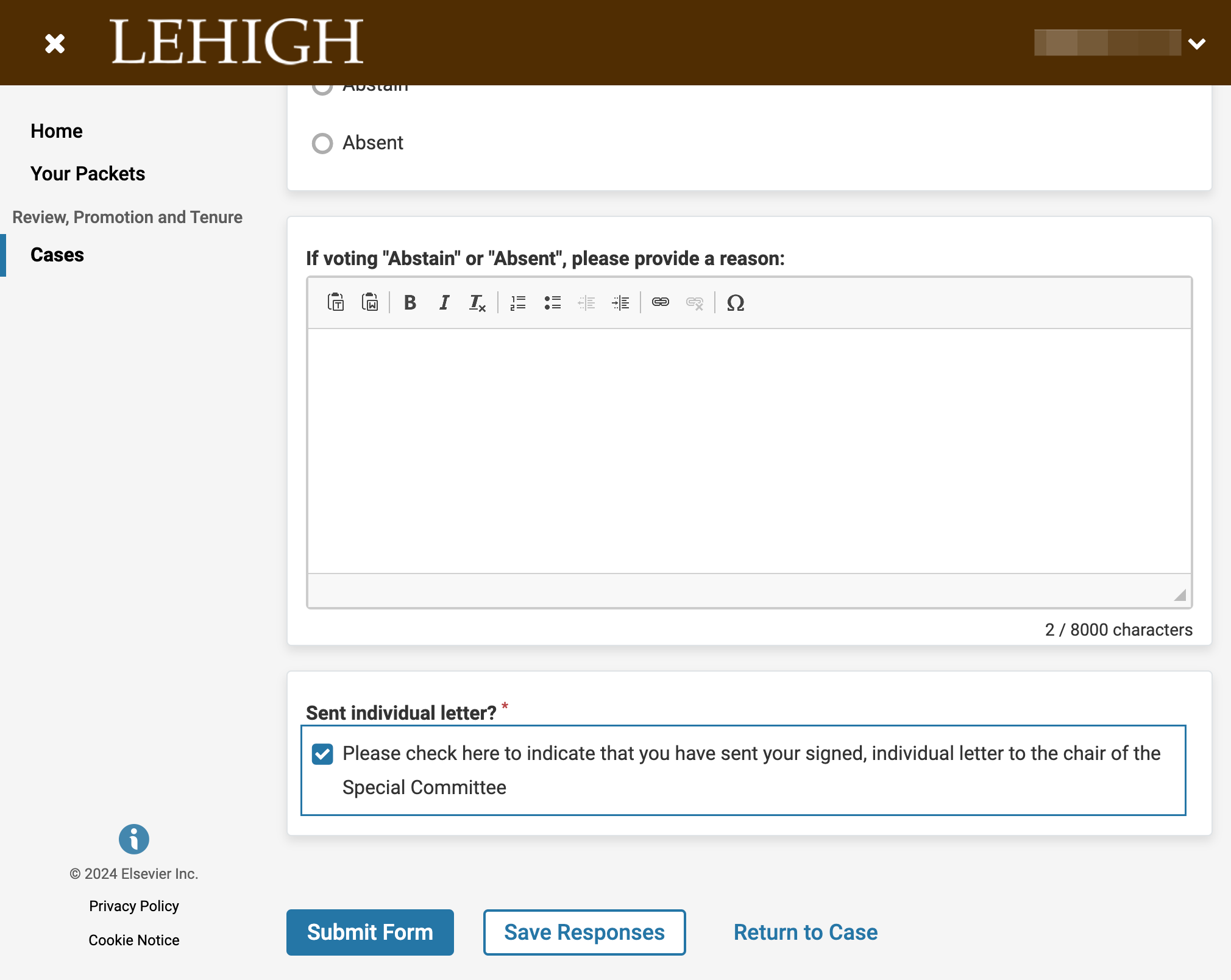 Check the box to indicate that you have sent your signed, individual letter to the Special Committee Chair