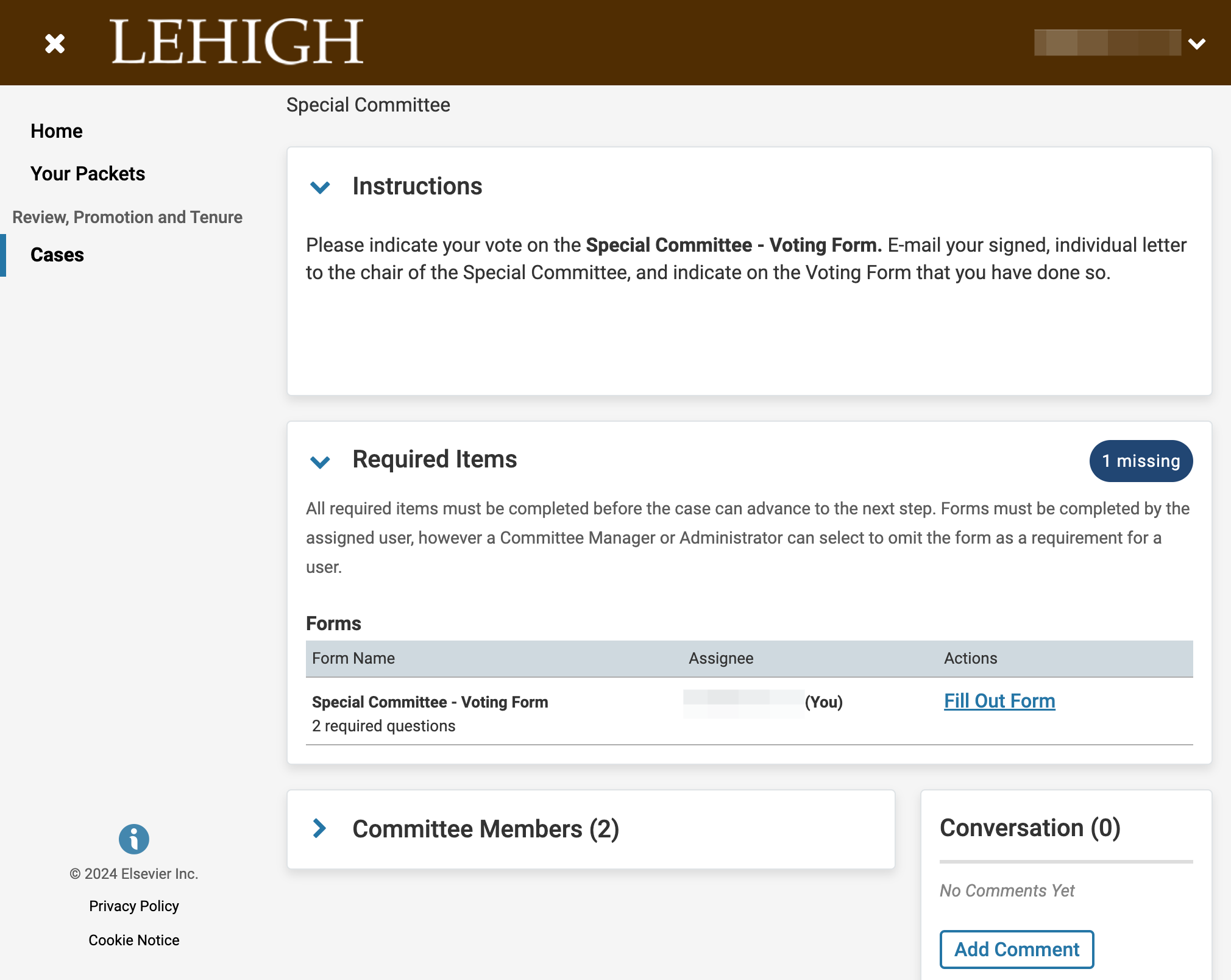 Click on Fill Out Form next to Special Committee - Voting Form