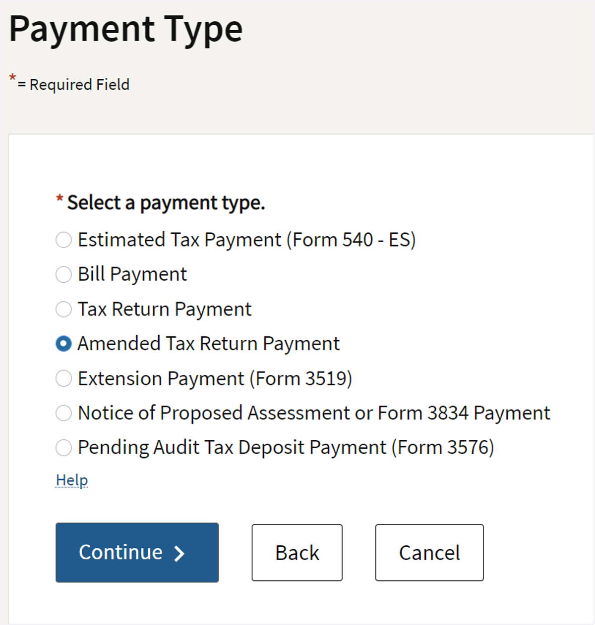 Click "Amended Tax Return Payment"