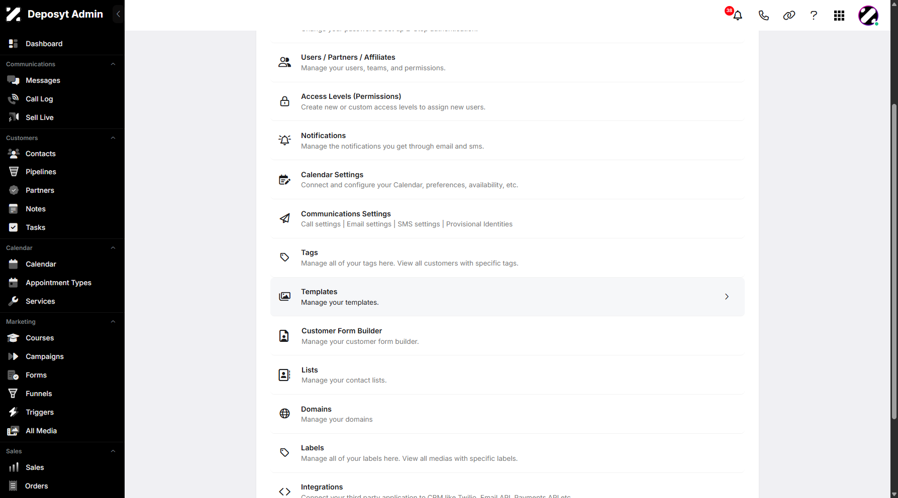 Step 3: You will then be taken to the Settings page. Scroll down and click on Templates to continue.