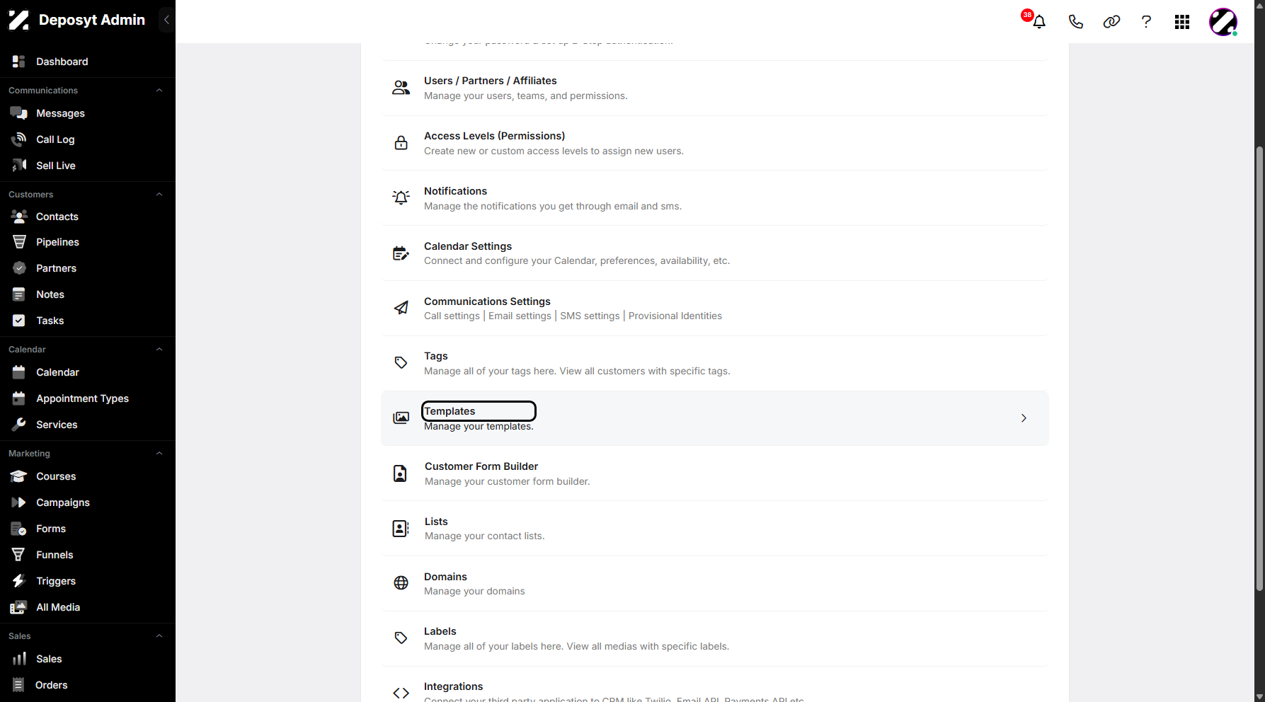 Step 3: You will then be taken to the Settings page. Scroll down and click on Templates to continue.