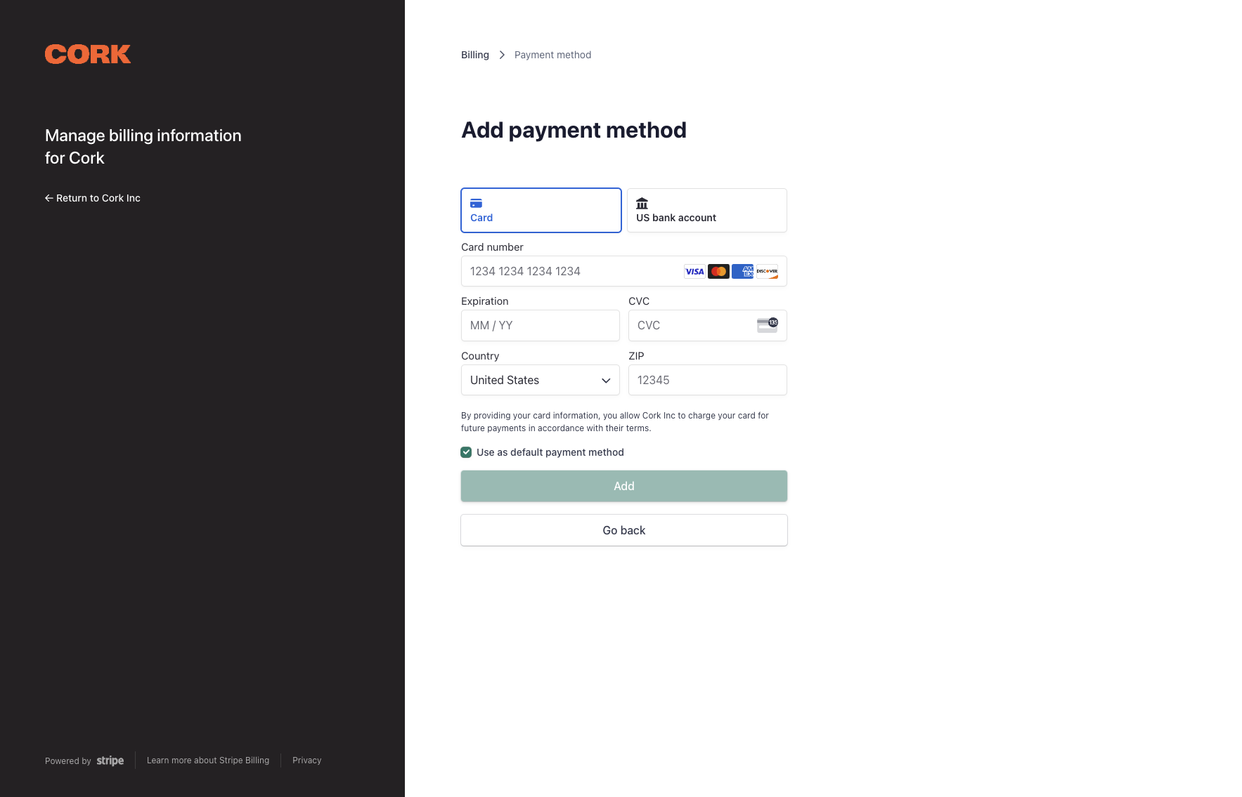 Enter Card details or select "US bank account" to configure ACH
