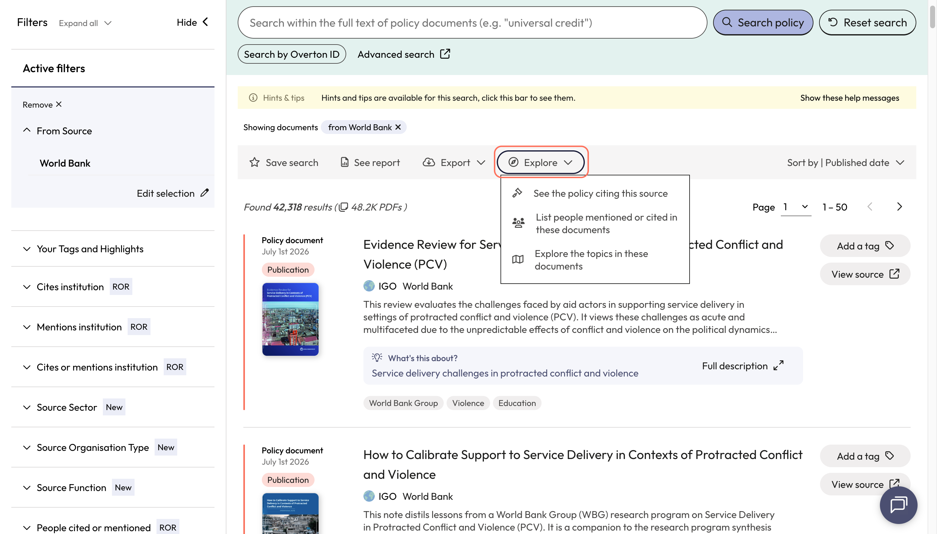 To find the citations for your documents, click on 'Explore' and 'See the policy citing this source'