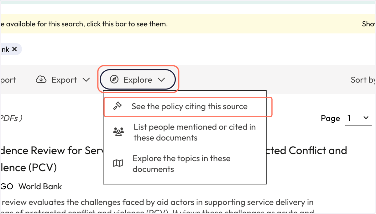To find the citations for your documents, click on 'Explore' and 'See the policy citing this source'