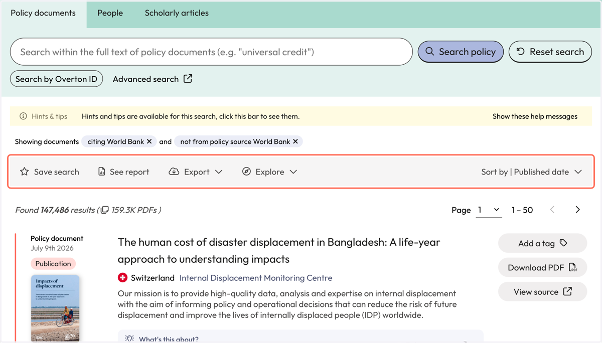 Use the action bar to save a search, generate a summary report, export* or explore further.