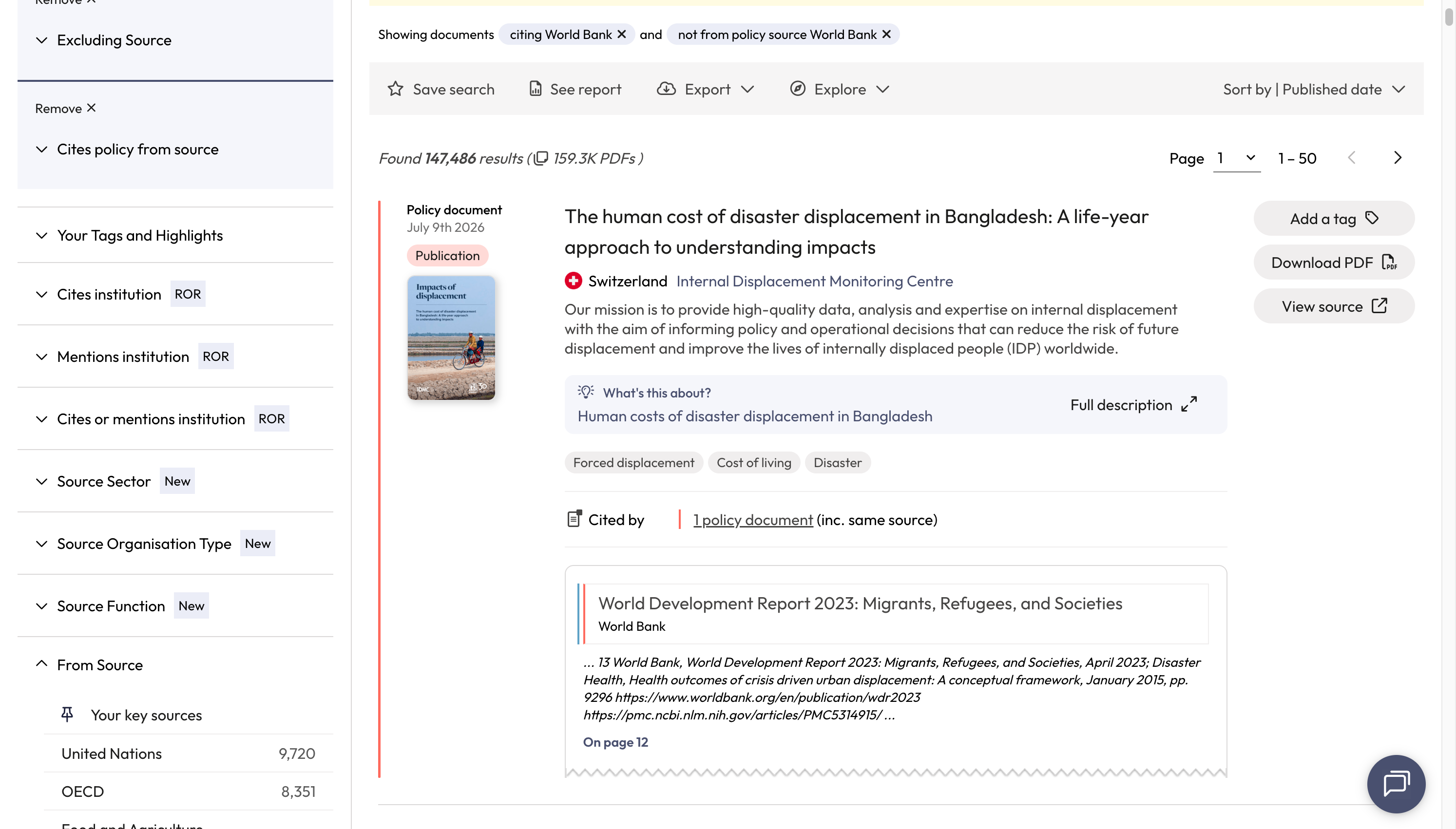 Each result includes the name of the citing policy document, the policy source and a snippet of context to indicate where the citation of your publication was found.