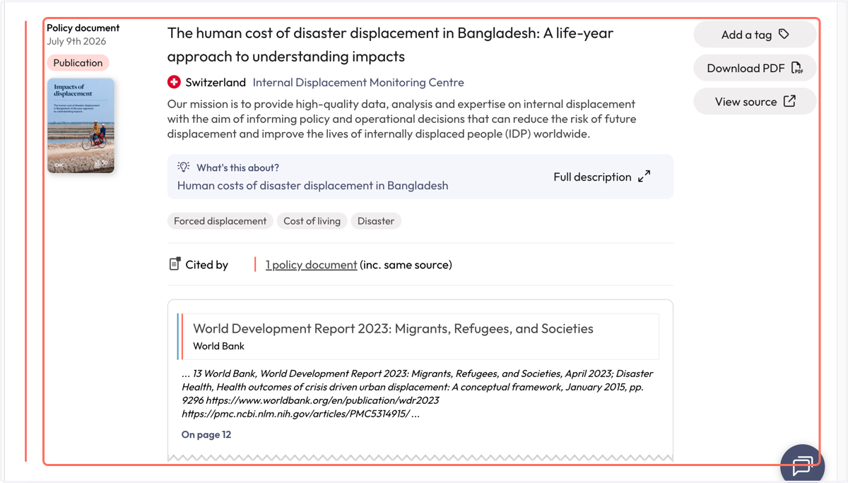 Each result includes the name of the citing policy document, the policy source and a snippet of context to indicate where the citation of your publication was found.