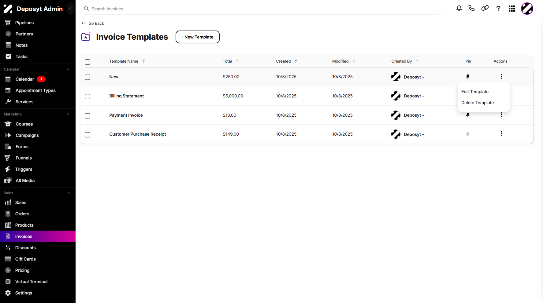 Step 5: To edit or delete a template, click the three-dot menu of the selected template.