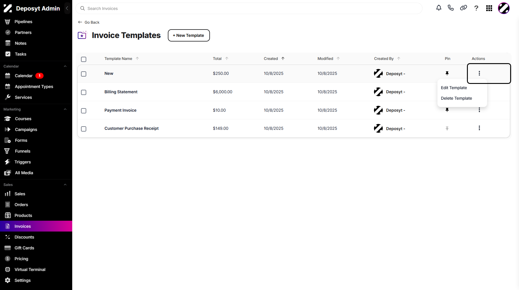 Step 5: To edit or delete a template, click the three-dot menu of the selected template.