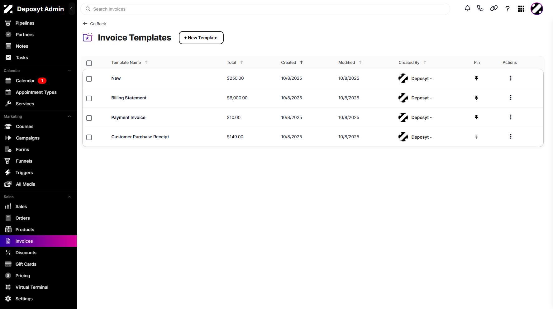 Managing Invoice Templates