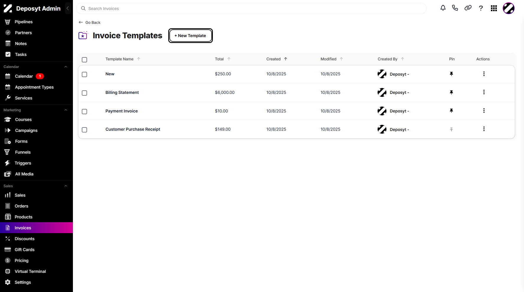 Step 8: Click the + New Template button above to create new template.