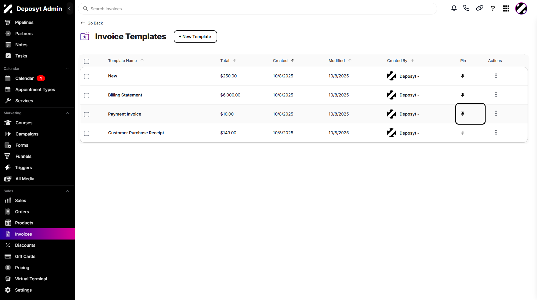 Step 6: You can also pin a selected template by clicking the pin icon next to the three-dot menu.