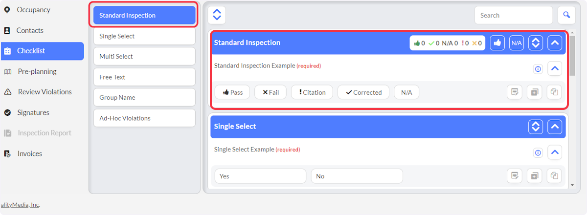 Click on Standard Inspection and select Standard Inspection Ressponse