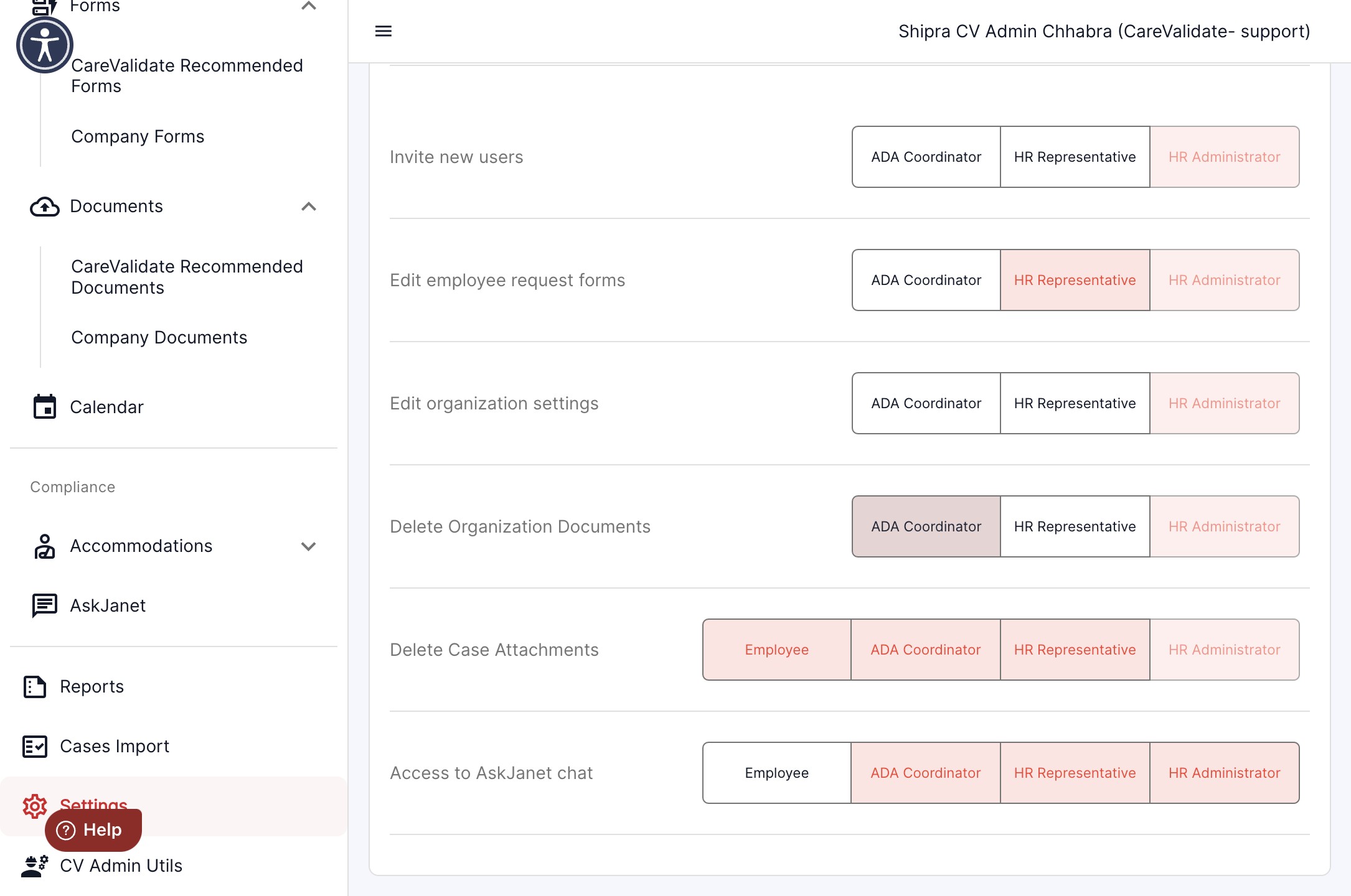 Select the designation who will have permissions to delete the organisation documents. Once the corresponding tab turns red, the selected person is granted the authority to perform document deletion."