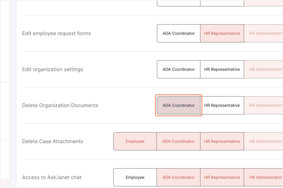 Select the designation who will have permissions to delete the organisation documents. Once the corresponding tab turns red, the selected person is granted the authority to perform document deletion."