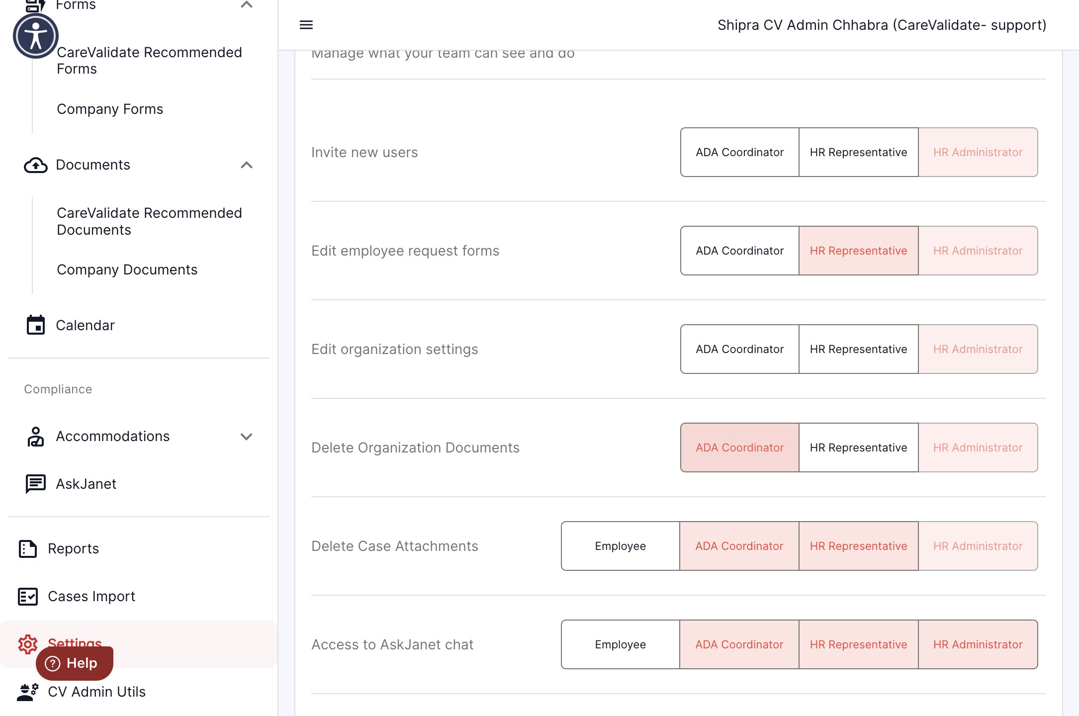 To remove the permissions, click on the designation and the tab turns white, indicating that the permissions have been removed.