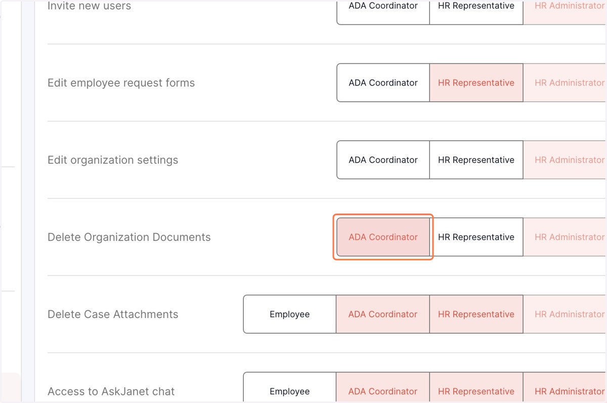 To remove the permissions, click on the designation and the tab turns white, indicating that the permissions have been removed.