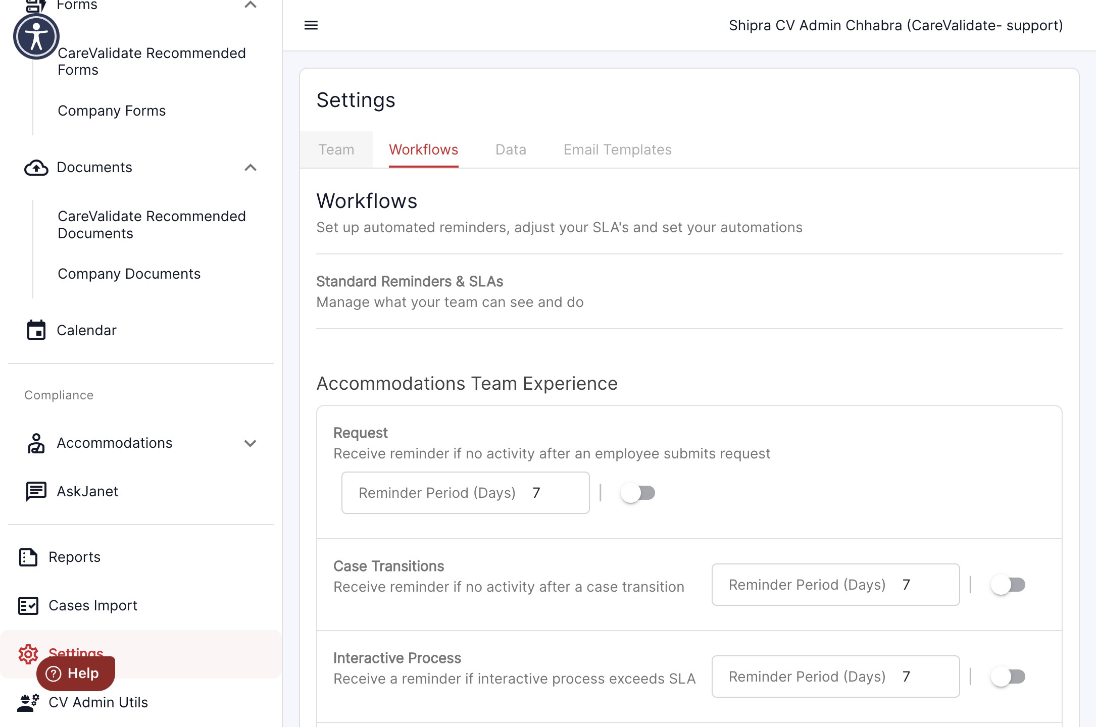 Under the settings menu, select Team from the available options