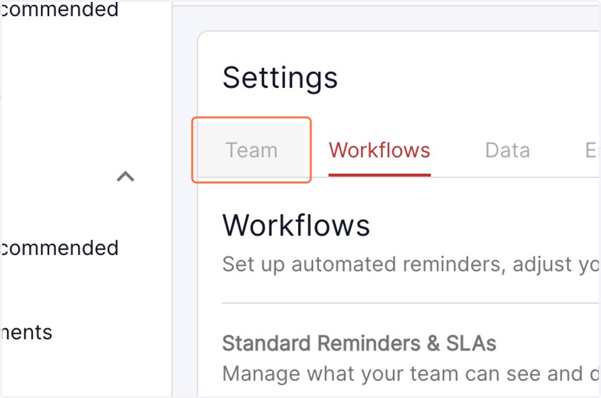 Under the settings menu, select Team from the available options