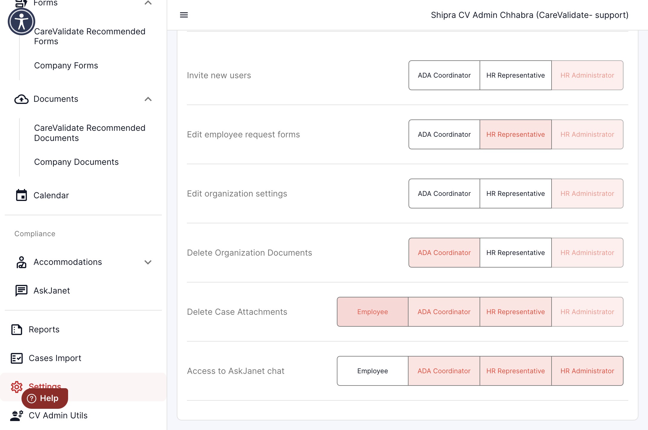 Select the designation who will have permissions to delete the case attachments. Once the corresponding tab turns red, the selected person is granted the authority to perform the function.