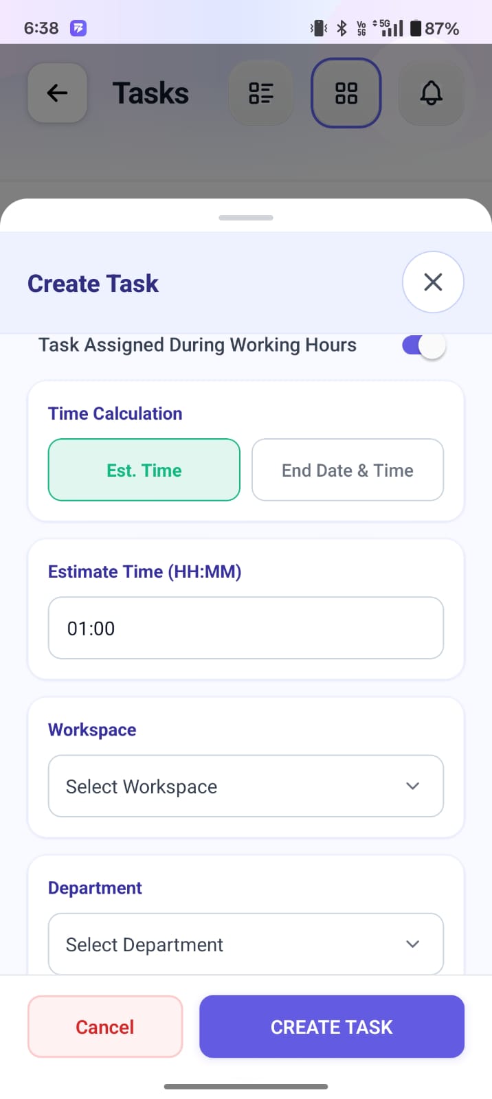 This section of the BuzyTeam task creation menu allows users to define the duration, allocation, and organizational placement of a new task.