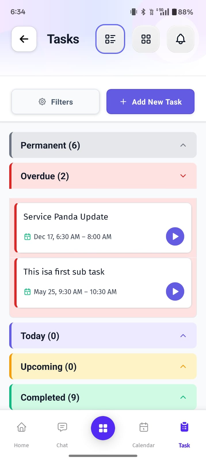 The Tasks screen helps users organize and monitor work items based on their current status and priority.