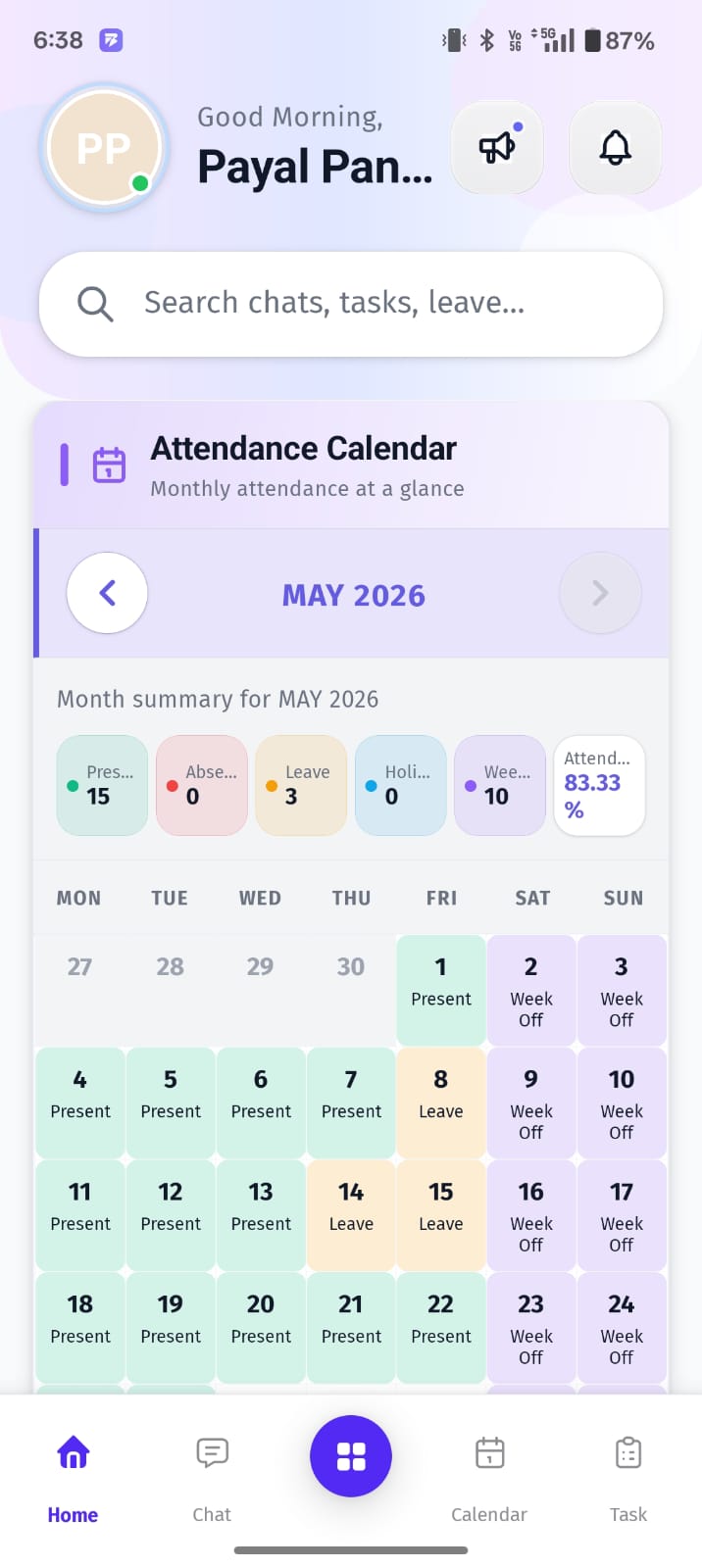 The Attendance Calendar screen in the BuzyTeam mobile app provides a clear monthly overview of your attendance record.