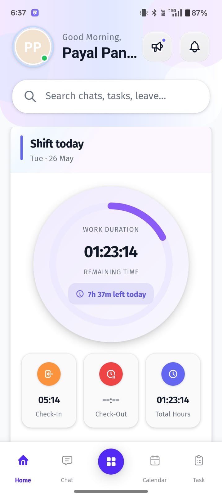 The Home screen (Dashboard) in the BuzyTeam mobile app gives users a quick overview of their workday and key attendance metrics.