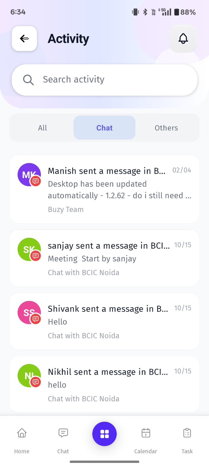 The Chat Activity screen displays recent chat interactions and communication updates across teams and groups.