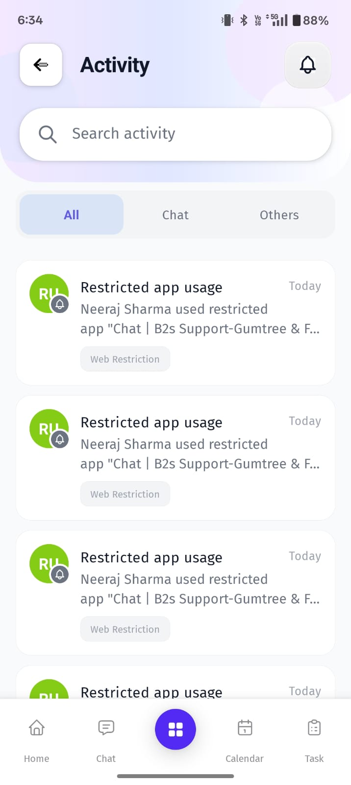 The Activity screen provides a centralized view of system activities, alerts, and user actions across the platform.