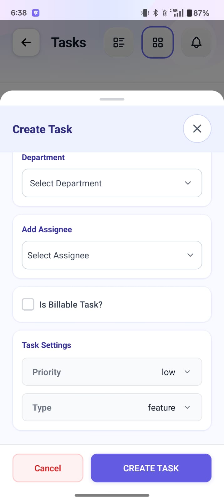This section of the BuzyTeam task creation menu enables users to delegate responsibilities, set billing parameters, and configure specific task metadata.