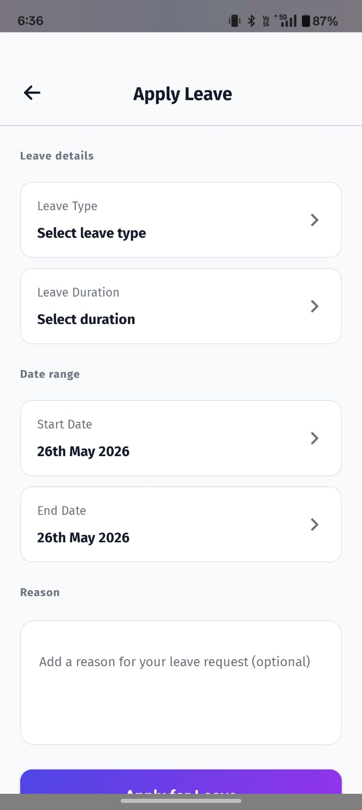 The Apply Leave screen in the BuzyTeam mobile app enables users to submit a formal leave request.