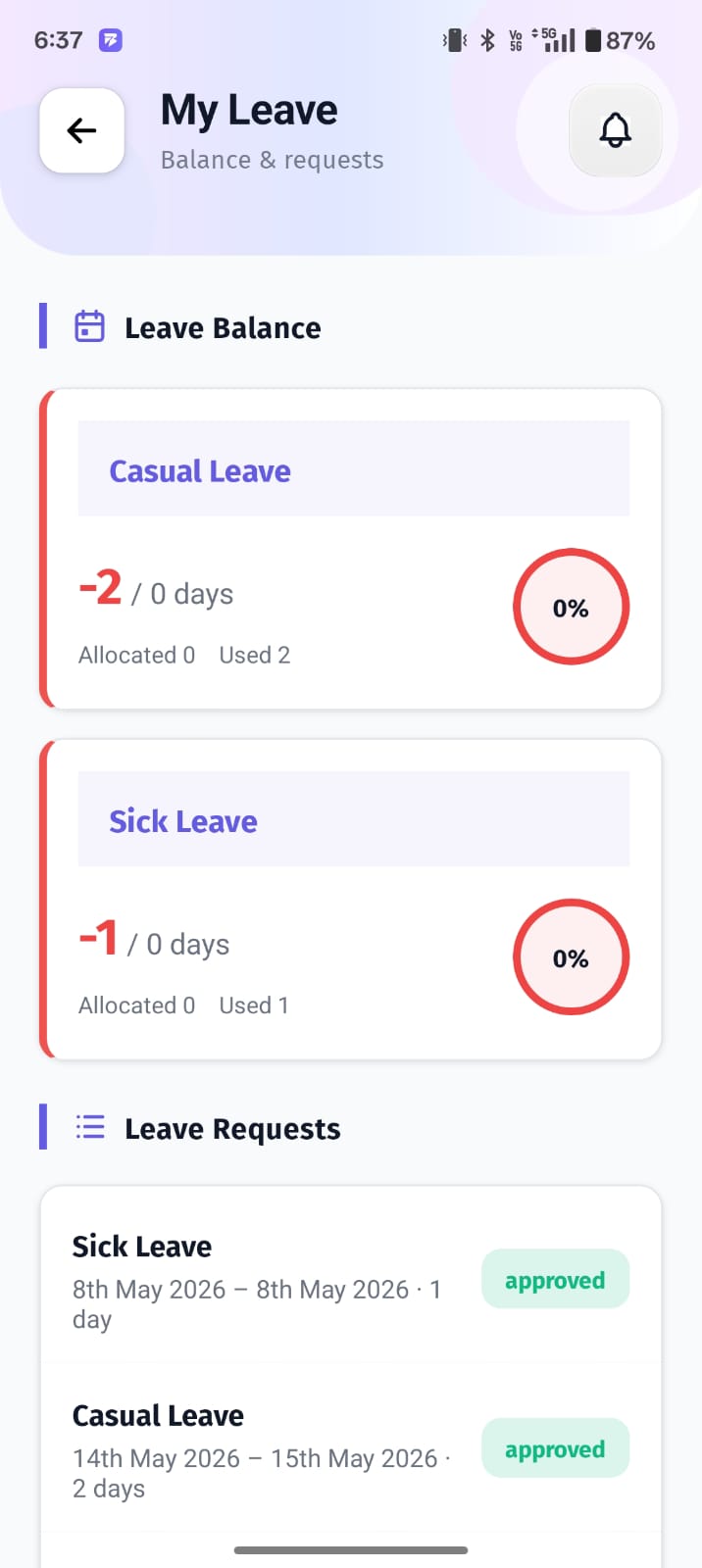 The My Leave screen in the BuzyTeam mobile app provides a complete overview of your leave balance and leave request history.