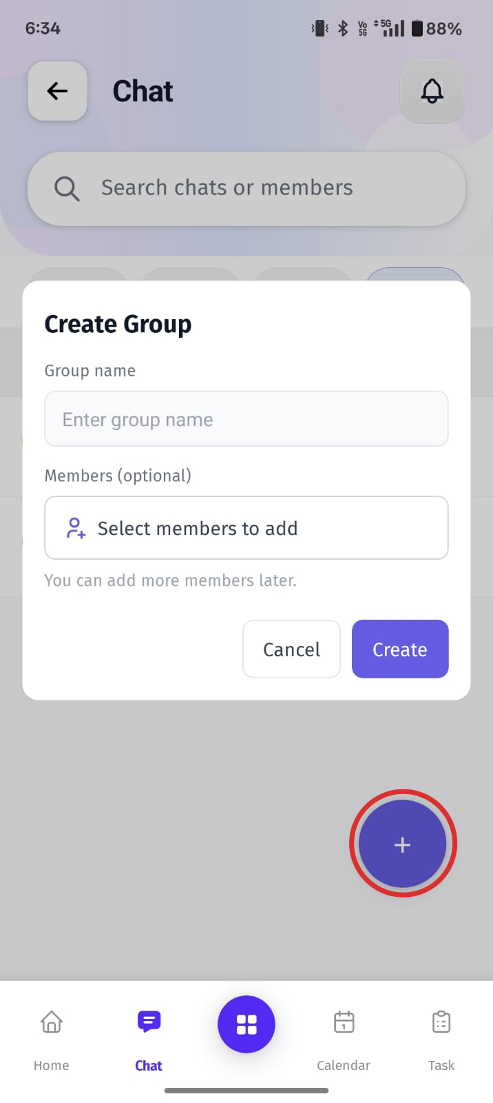 The Create Group screen allows users to start a new group conversation for team collaboration and communication.