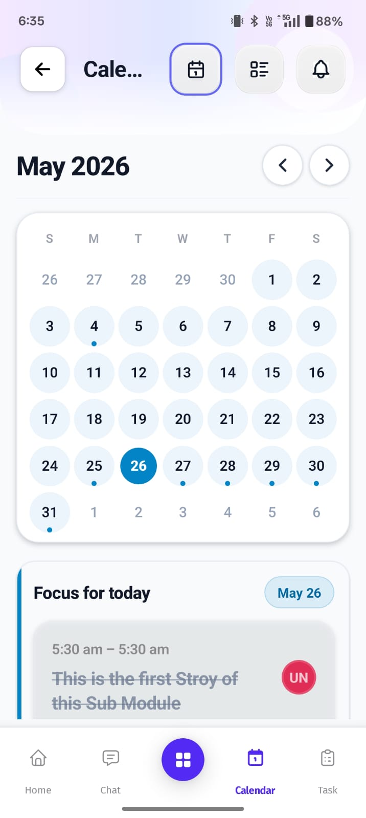 The Calendar Overview screen provides a monthly schedule view to help users track tasks, events, and daily activities efficiently.