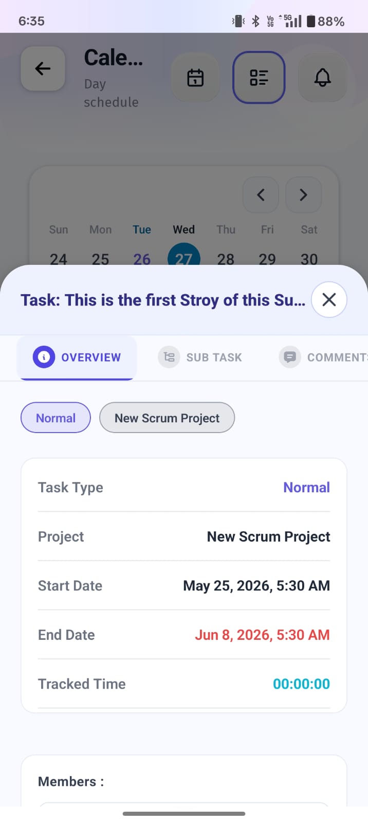 This section provides a comprehensive breakdown of an individual task's parameters, timeline, and associated projects within BuzyTeam.