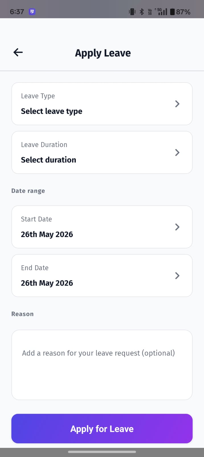 The Apply Leave screen in the BuzyTeam mobile app allows users to submit a new leave request quickly and easily.