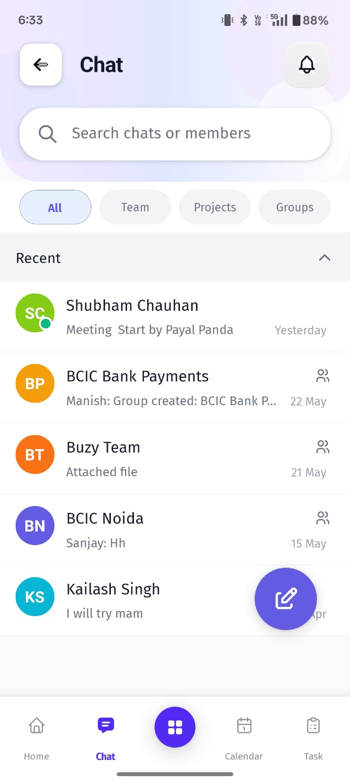 The Chat module allows users to communicate with team members, groups, and projects from one centralized platform.