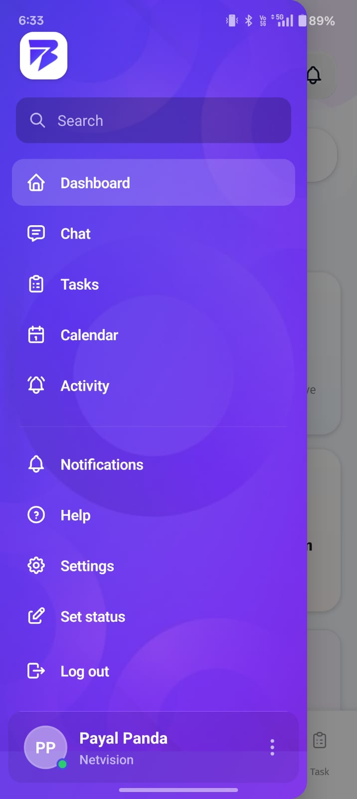 The BuzyTeam mobile navigation menu provides quick access to all essential workplace tools including Dashboard, Chat, Tasks, Calendar, Activity, Notifications, and Settings from one centralized panel.
