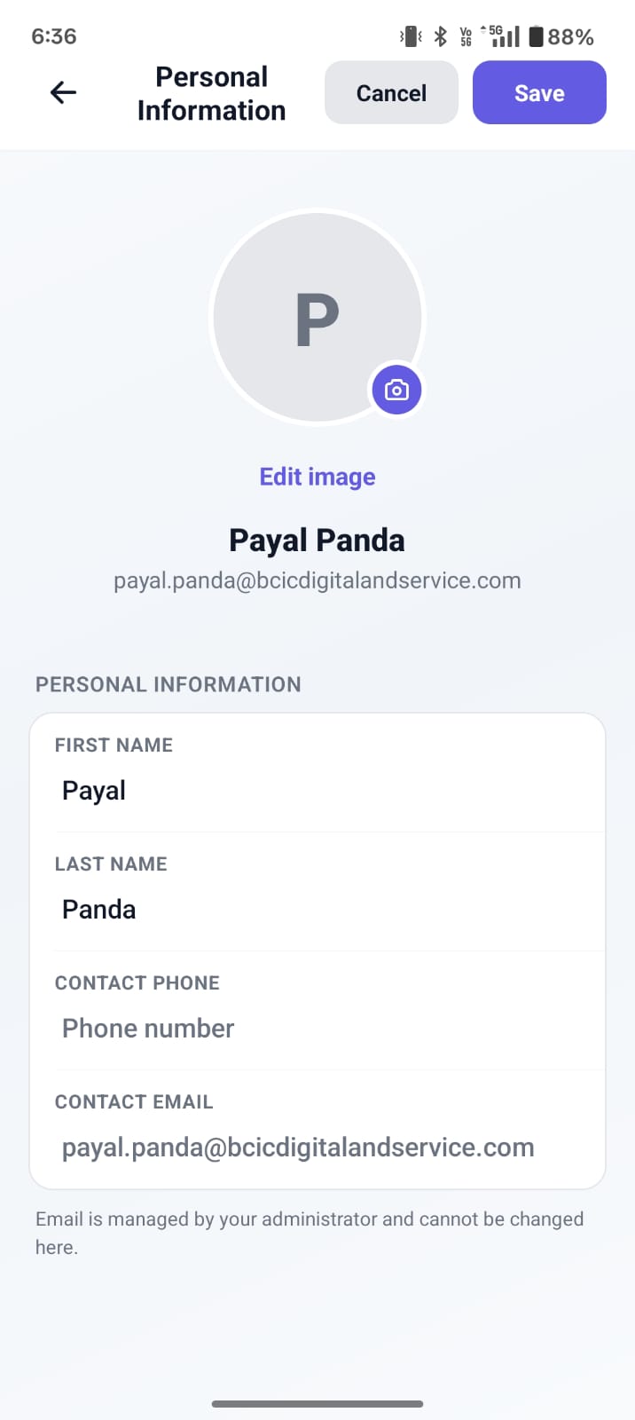 The Personal Information screen in the BuzyTeam mobile app allows users to view and edit their basic profile details.