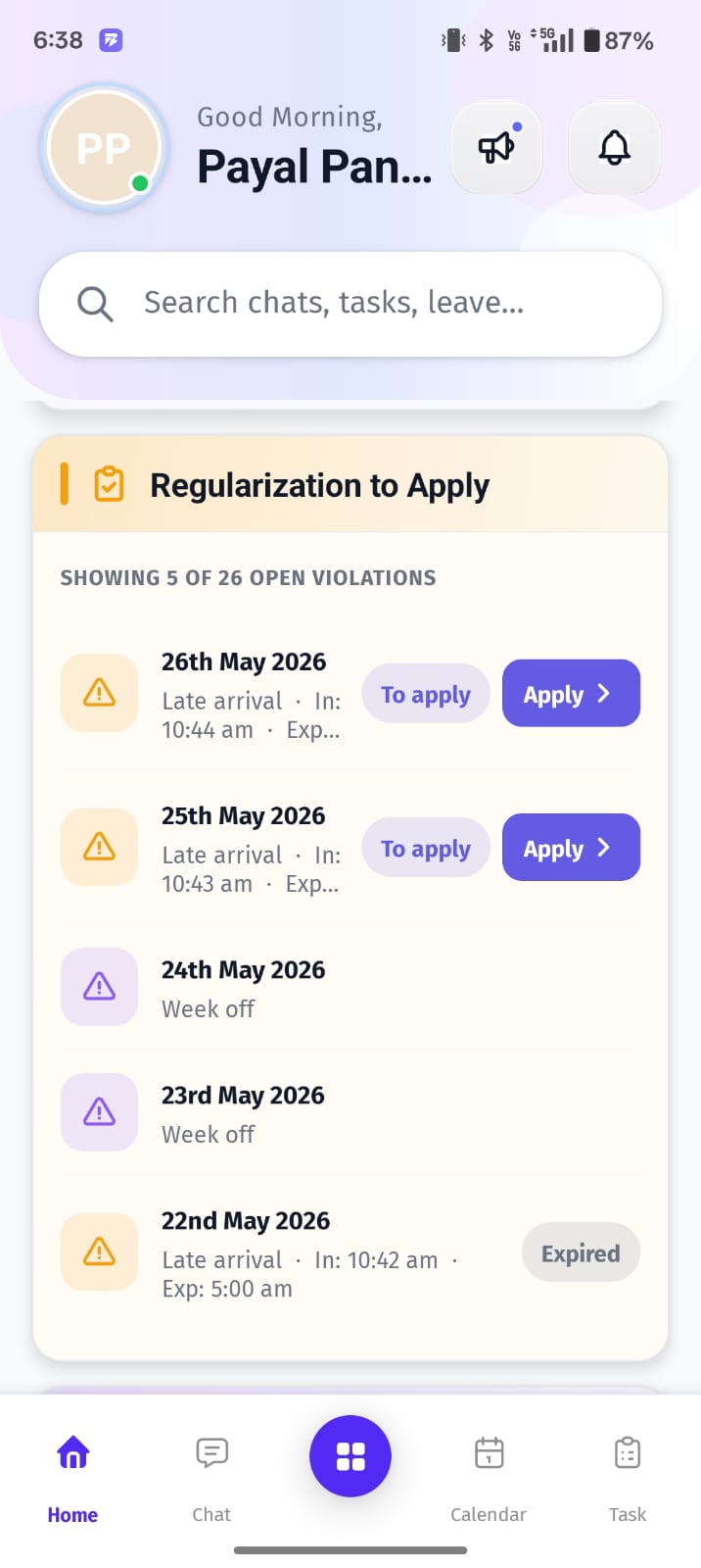 The Regularization to Apply screen in the BuzyTeam mobile app shows a list of your open attendance violations that can be corrected.