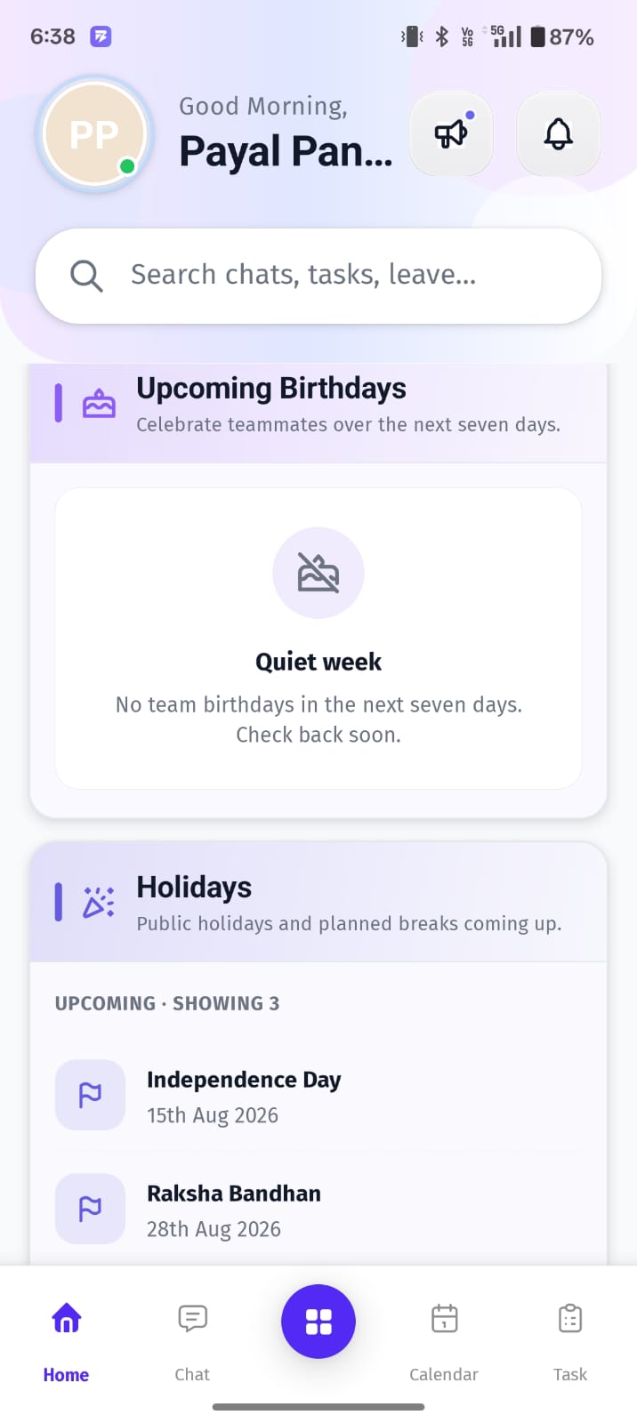 This section on the BuzyTeam Home screen keeps users informed about important upcoming events.