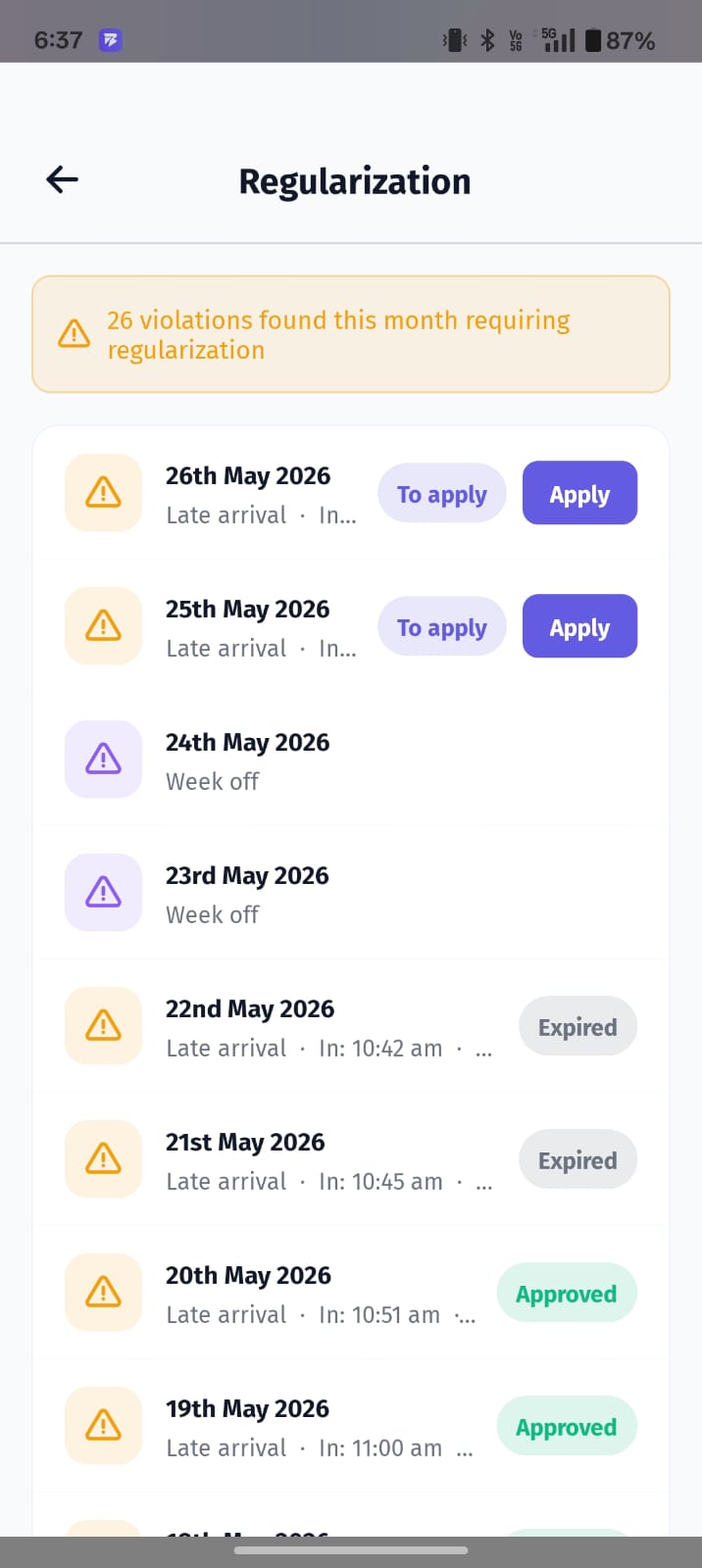 The Regularization screen in the BuzyTeam mobile app helps users address attendance violations such as late arrivals, early departures, or missing clock-ins.