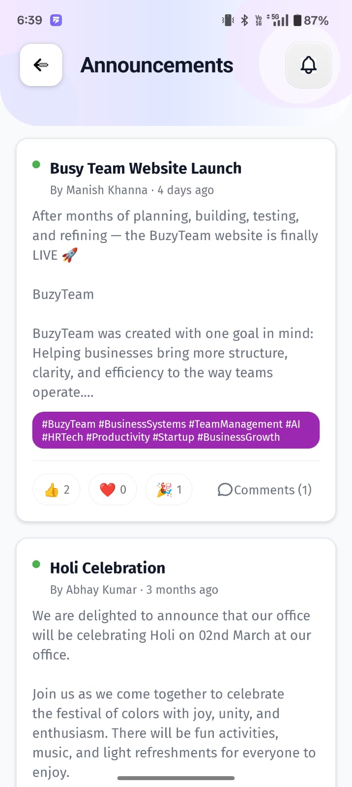 This section keeps users connected and updated on major milestones, company news, and team events.