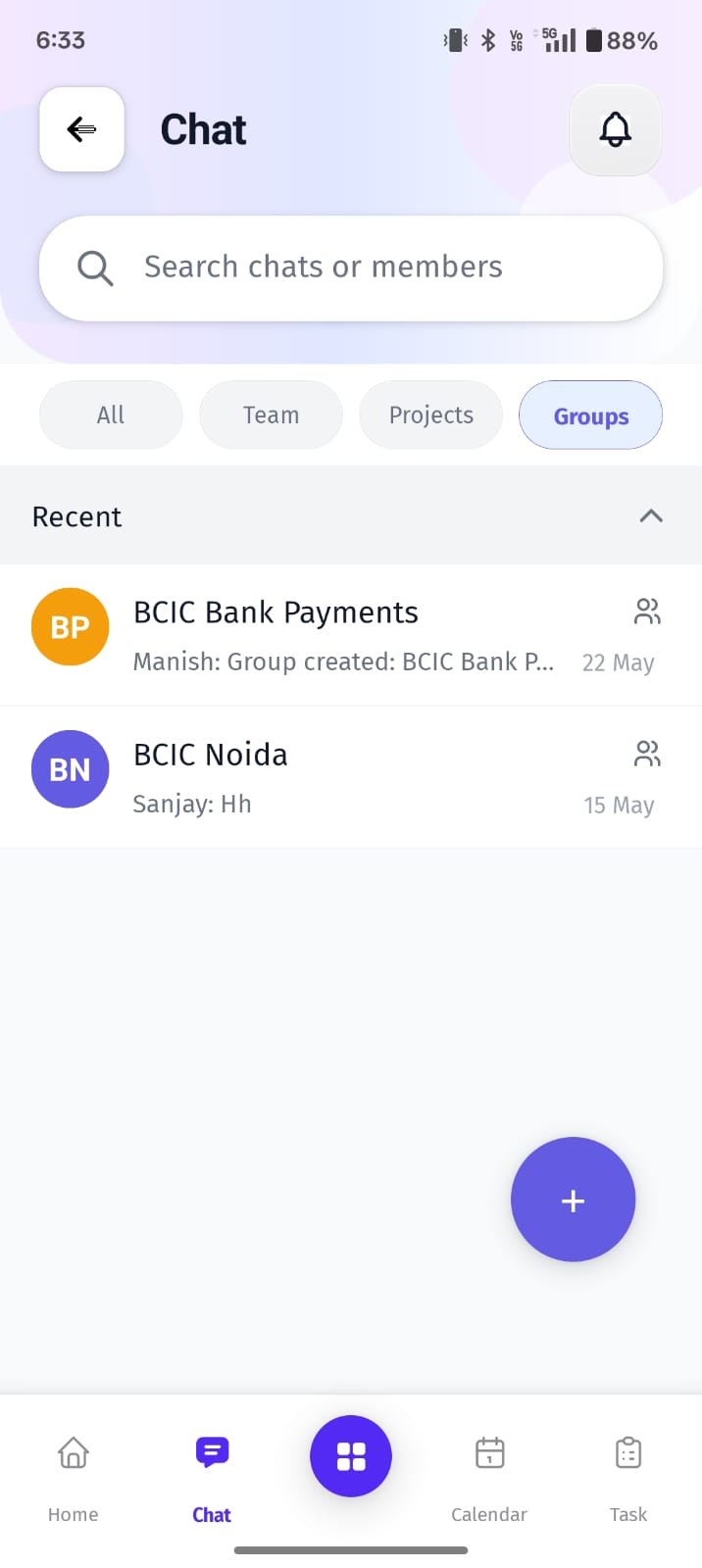 This screen is where team members message each other and view their group chats in BuzyTeam.