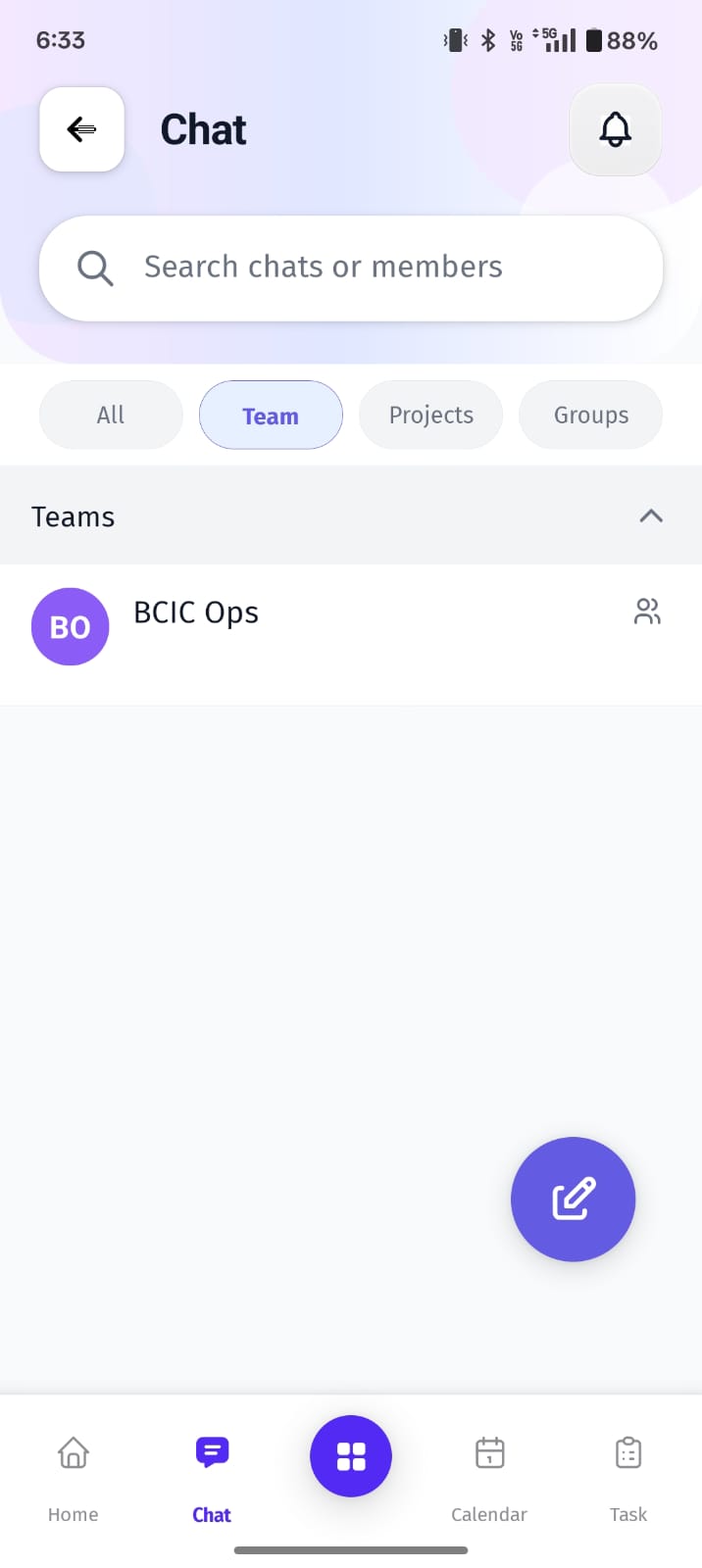 The Team tab displays department and team-based conversations in one centralized space.