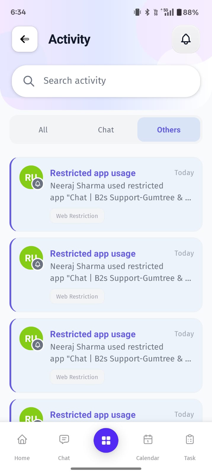 The Other Activities section displays additional system alerts, monitoring events, and operational notifications across the platform.