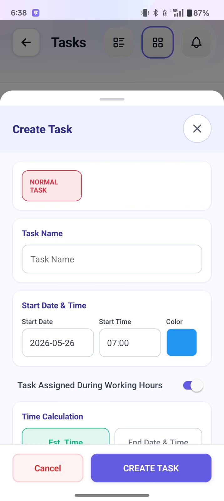 This section on the BuzyTeam screen allows users to quickly set up and schedule a new task.