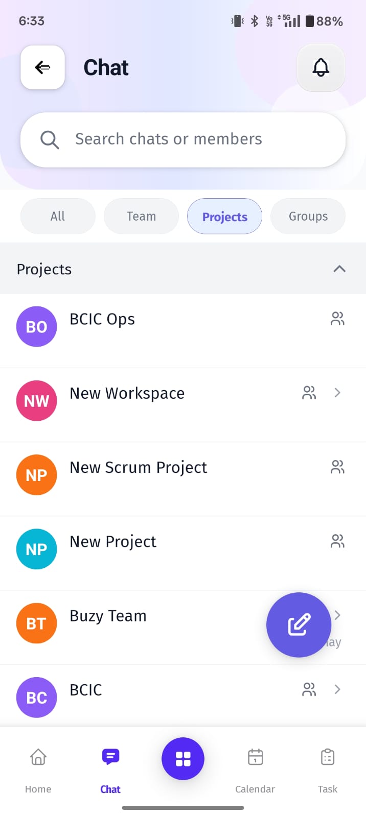The Projects tab displays project and workspace-based conversations for better collaboration and task coordination.