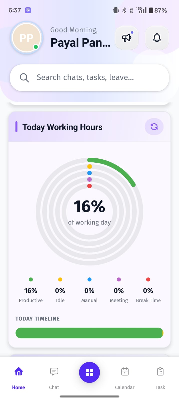 The Today Working Hours section on the BuzyTeam Home screen provides a detailed visual breakdown of how your workday is progressing.